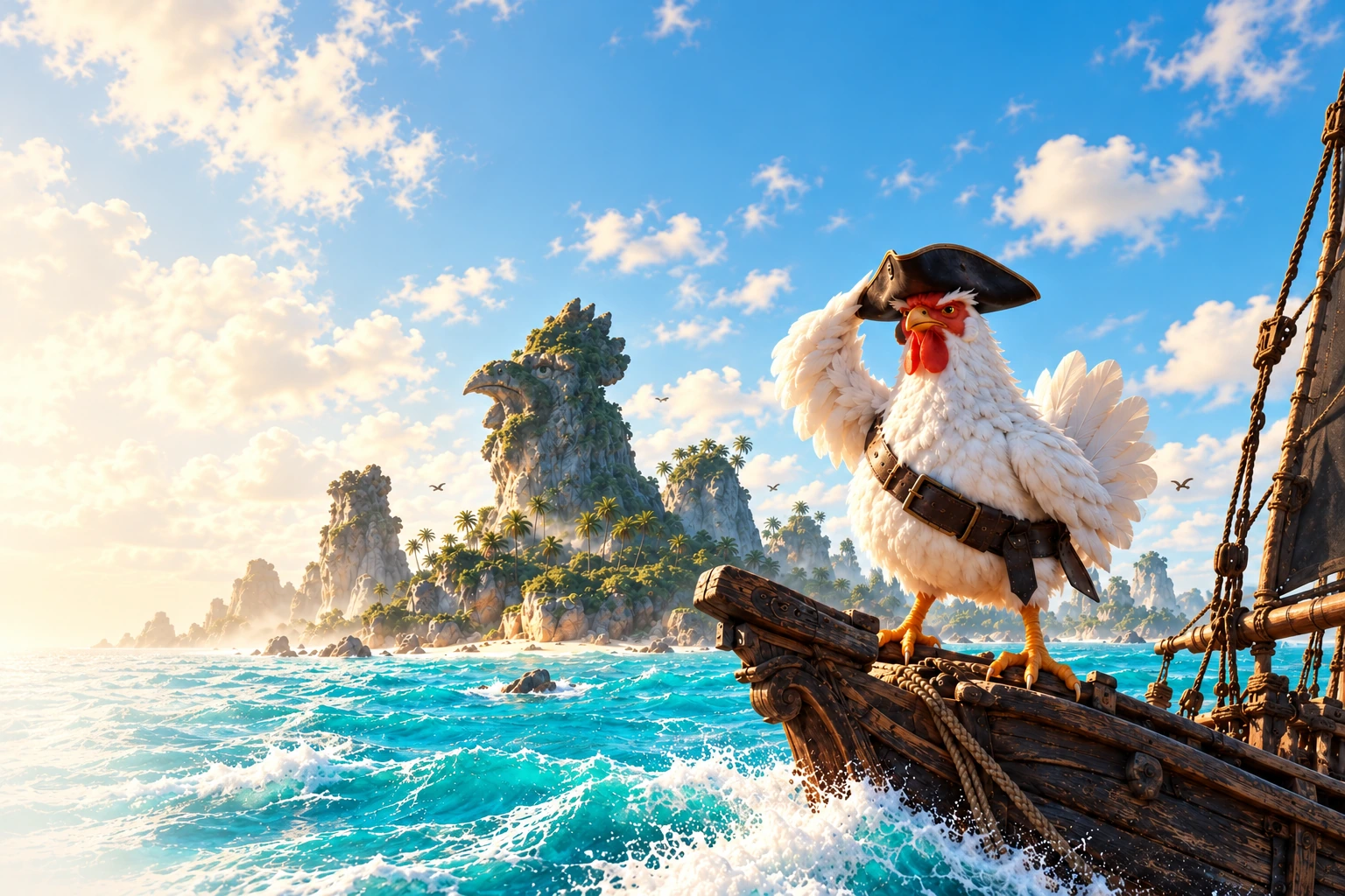 A gloriously round pirate chicken salutes from his ship, with a rooster-shaped tropical island behind him.